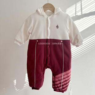 娃丽比新款秋冬男女宝宝夹棉连体衣哈衣爬服外出服280g红色新年服