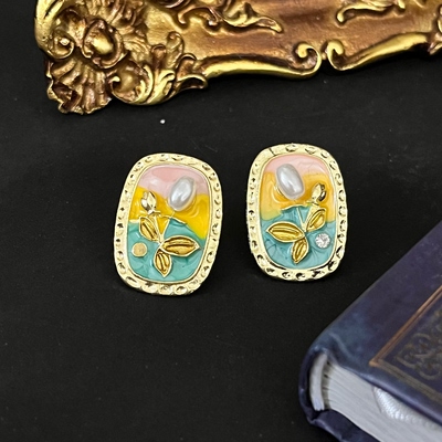 铜合金油画小花耳饰8128