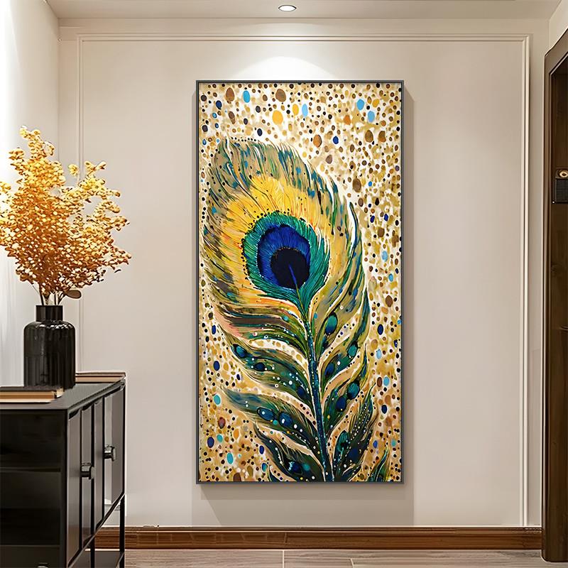 金色孔雀羽毛入户玄关装饰画高级艺术感过道壁画抽象波点走廊挂画图片