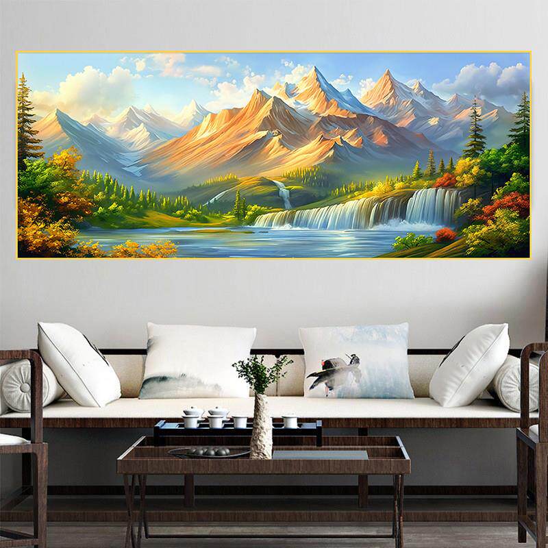 日照金山聚宝盆山水画客厅贴画自粘靠山图背景墙装饰画招财办公室