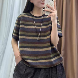 T恤JP 圆领条纹女针织短袖 早春款 9001 轻奢高端定制