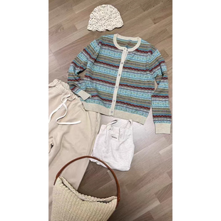 轻奢高端定制 早春款 针织开衫 3002 圆领条纹撞色设长袖