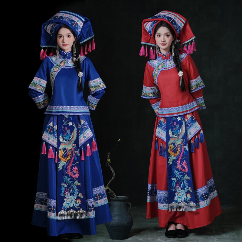 广西壮族瑶族服装三月三成人壮锦刺绣盛装长裙女款少数民族舞蹈服