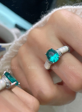 轻奢精致天然白贝戒指女麻花复古中古风海蓝宝石开口指戒高级感