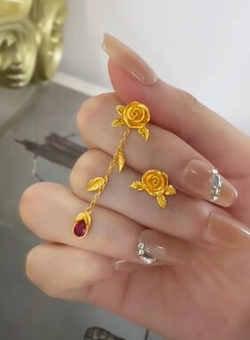 s925银针复古轻奢精致不对称金色玫瑰花流苏耳钉女520表白送礼物