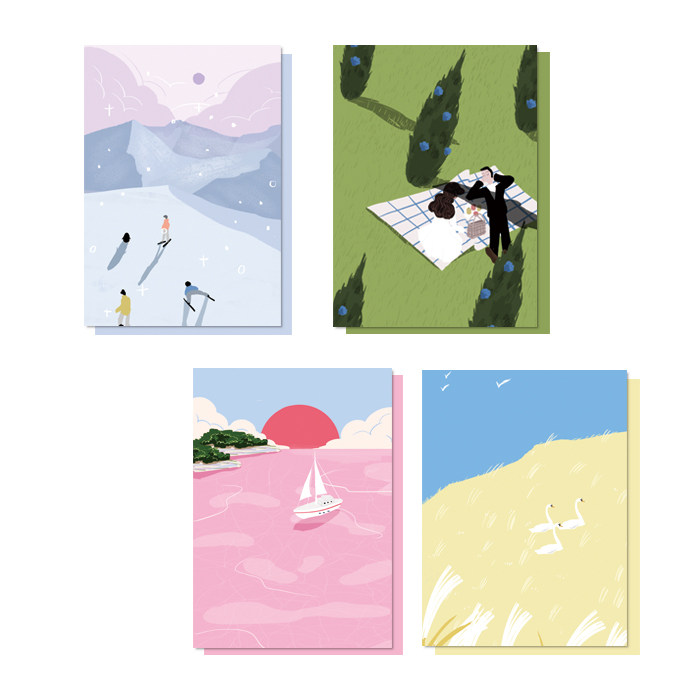 四季 原创插画明信片手绘创意简约清新装饰卡片贺卡 月三原创