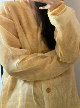 阿树家 黄色桑蚕丝拼羊毛羊驼混纺双层接针织开衫