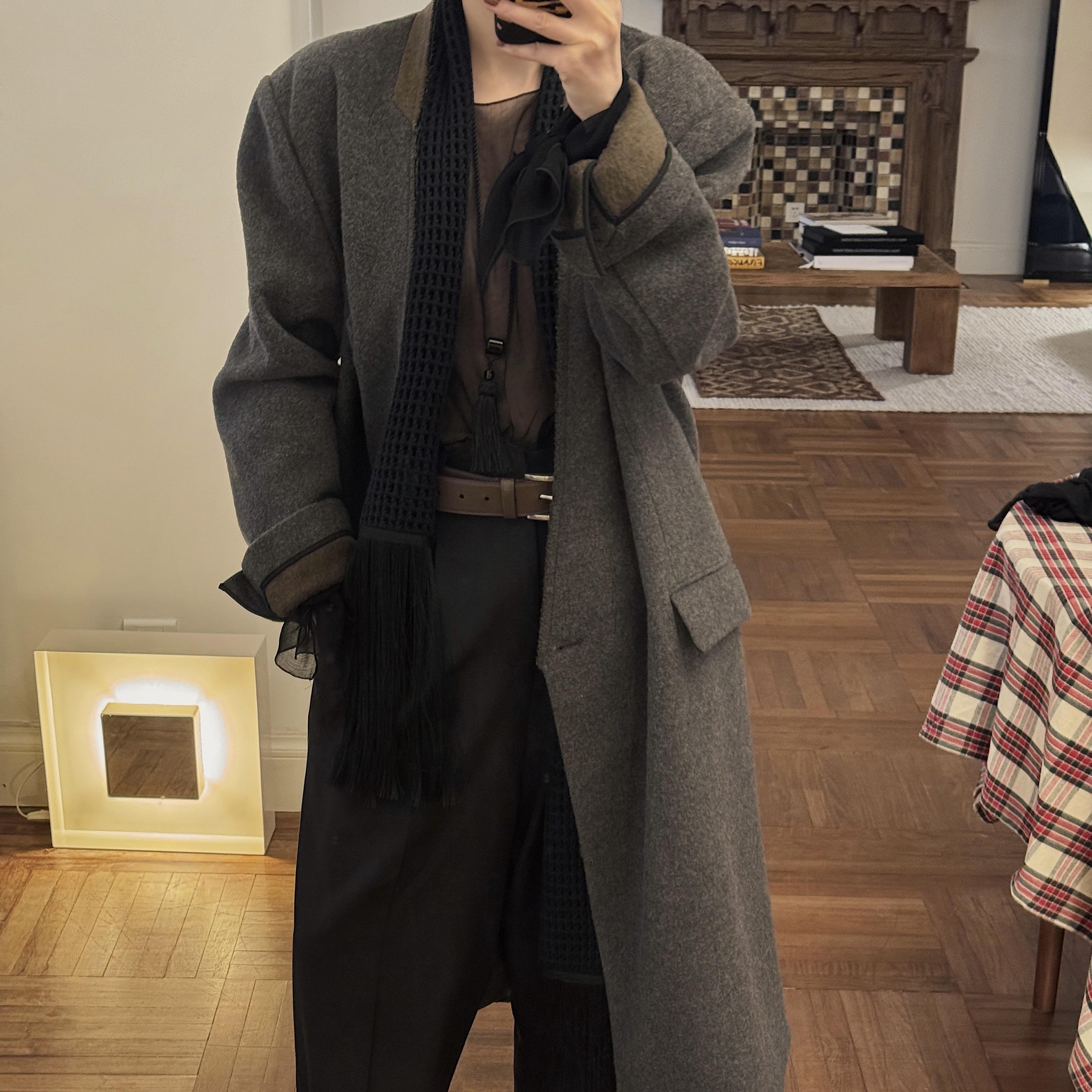 阿树家 0328|私服系列 深麻灰色羊毛混纺v领撞色拼接大衣