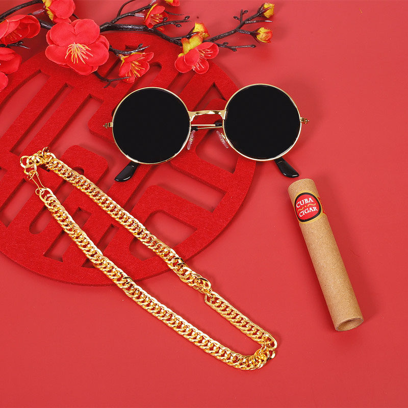 伴郎新郎眼镜复古眼镜仿真金项链子雪茄道具拍照装饰道具接亲道具