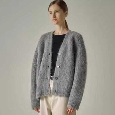 宽松V领针织开衫羊驼毛上衣