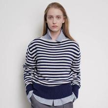 MOONDAL  小众设计2025秋冬新款条纹毛衣女落肩宽松一字肩针织衫