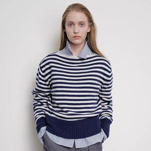MOONDAL 小众设计2025秋冬新款条纹毛衣女落肩宽松一字肩针织衫
