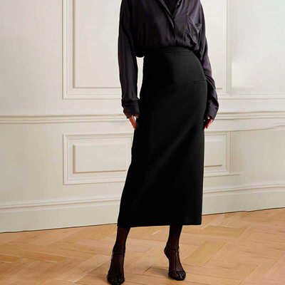高腰羊毛中长半身裙黑色包裙小众