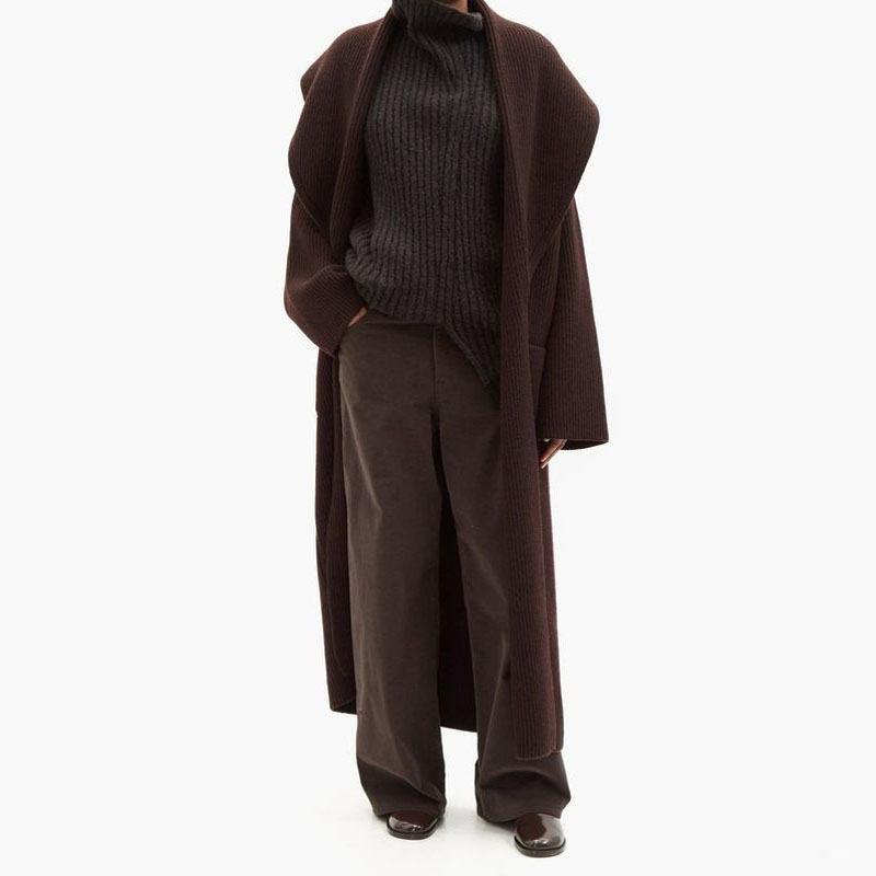 ROW 外套女装2025春秋新款极简罗纹羊毛针织开衫针织披肩长款大衣