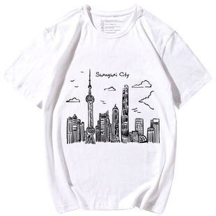 我爱上海 城市风貌个性印花潮流时尚青年学生短袖T恤男女生韩版