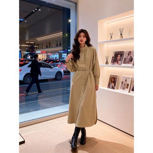 简约百搭风衬衫连衣裙2025秋新款高级感穿搭收腰显瘦长裙QD82180