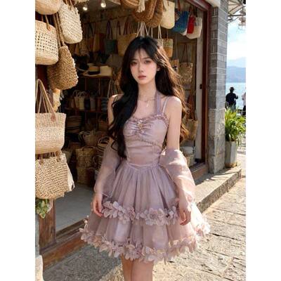 春夏新款纯欲甜美蕾丝拼接花边吊带连衣裙女夏季减龄收腰QD3289