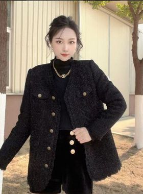 【爆米花专享】黑色流苏粗花呢新款气质秋冬法式高级感上衣23361