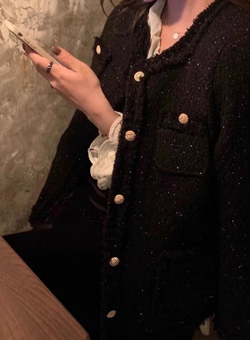 【爆米花专享】新款黑色小香风充棉加厚保暖宽松外套女23509