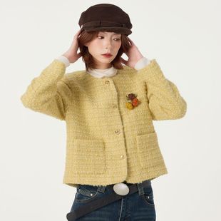 冬季新款淡黄色粗毛呢小香风外套 圆领正肩上衣女QD61059