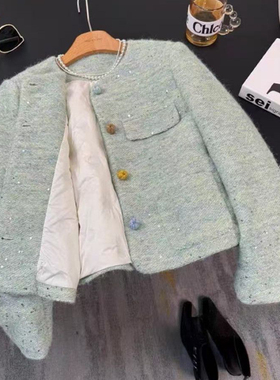 韩版嫩绿色加棉小香风外套女2025秋冬减龄气质呢子短上衣QD61216