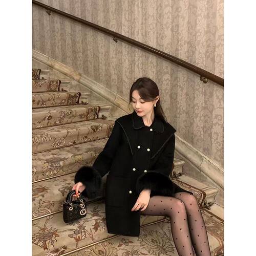 【爆米花专享】手工钉珠毛呢斗篷大衣女2025新款袖口毛呢外套