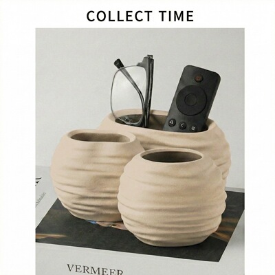 诧寂风桌面收纳盒遥控器杂物笔筒文具桌面茶几收纳筒洞石装饰摆件