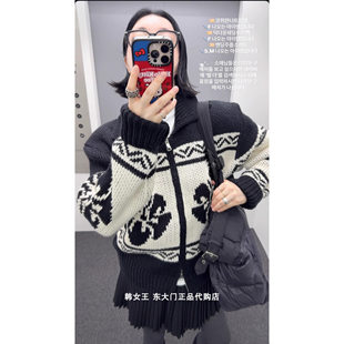 HELDER韩国代2025秋冬装 复古花朵翻领拉链长袖针织衫毛衣外套女