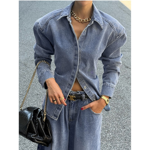 STAGE韩国东大门代购2025秋新款 时尚拆卸垫肩腰带长袖牛仔衬衫女