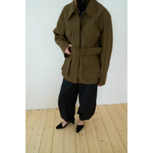 BLOSSOM韩国代购2025秋冬新 时尚腰带丝绸羊毛外套夹克女宽松长袖