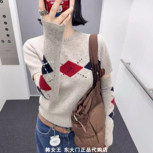 HELDER韩国代2025秋冬装时尚可拆卸袖套菱格短袖羊毛针织衫毛衣女