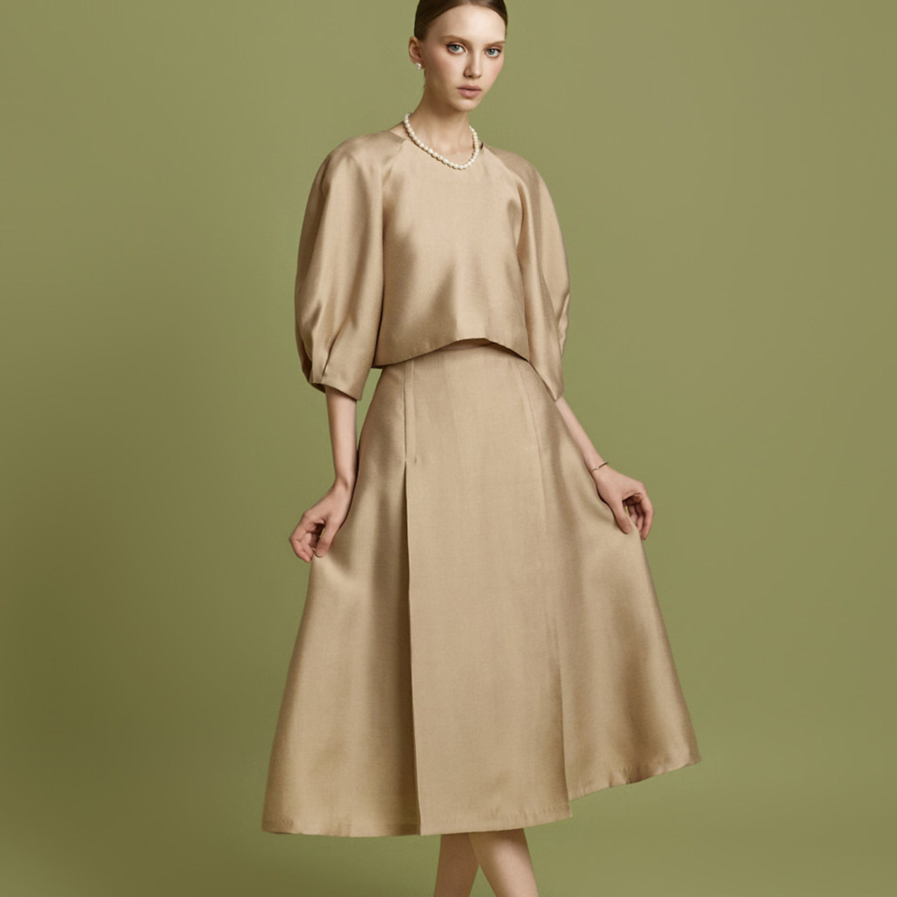 DINT韩国代购2025秋新款复古气质捏褶套头衬衫+半身裙套装女B3133