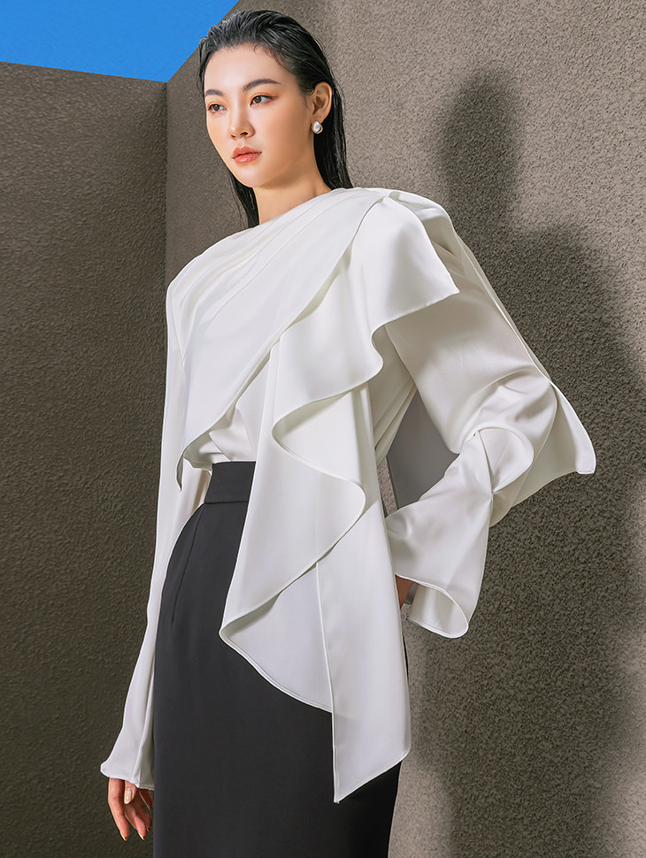 现货白 DINT韩国代购2026秋装女 设计师款荷叶边气质长袖衬衫上衣