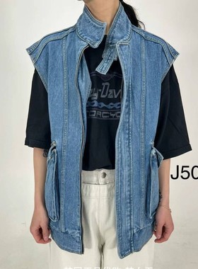 ITZEL韩国代购2024春款女装 个性翻盖大口袋立领拉链牛仔马夹马甲