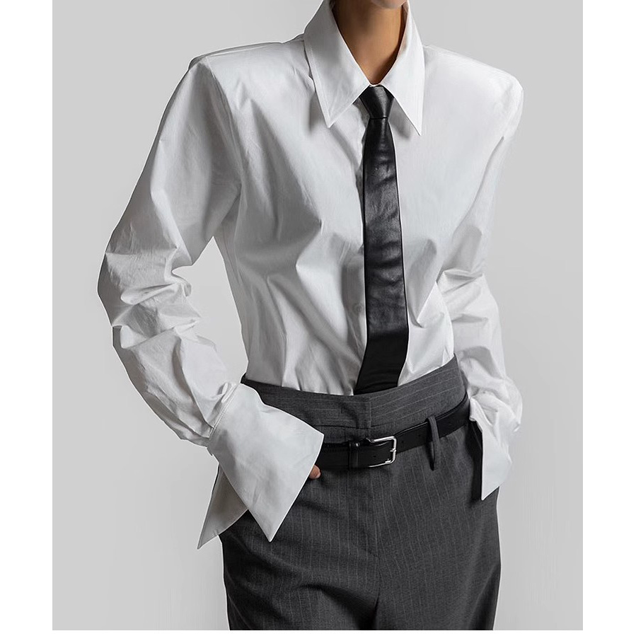 PAPERMOON韩国东大门代购2025秋新款 时尚垫肩开衩长袖衬衫女上衣