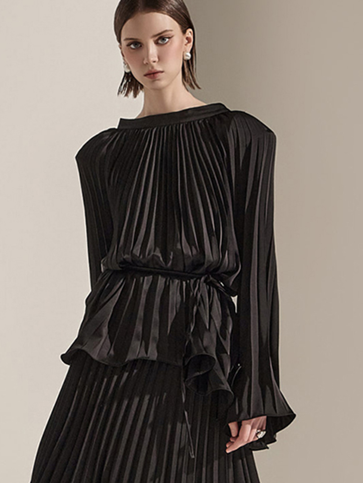 DINT韩国代购2024春女装复古风琴褶宽肩长袖衬衫+半身裙套装B2923