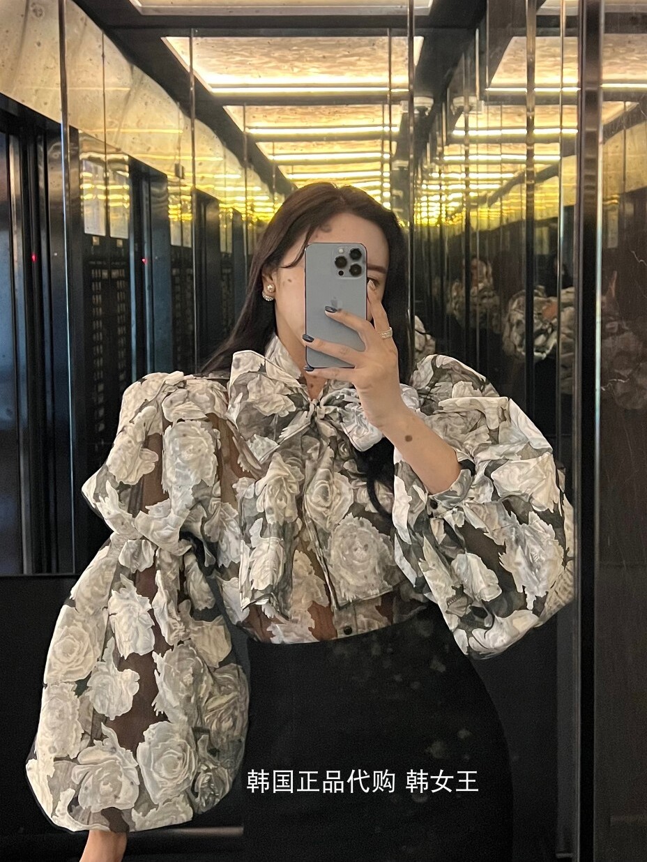 TANIA韩国代购2024春夏新款女装 印花丝巾领泡泡袖欧根纱衬衫上衣
