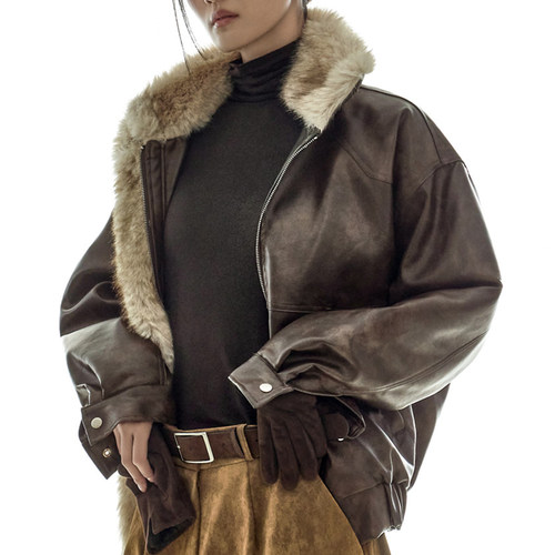 DINT韩国代购2025秋冬 帅酷仿皮草毛边立领飞行夹克外套女J3040