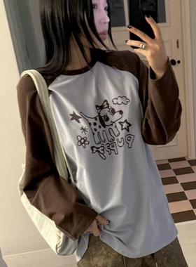 SEOLO 韩国代购2025春女装新款 时尚卡通印花拼色插肩长袖T恤韩代