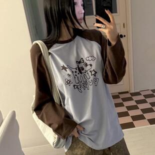 SEOLO 韩国代购2025春女装新款 时尚卡通印花拼色插肩长袖T恤韩代