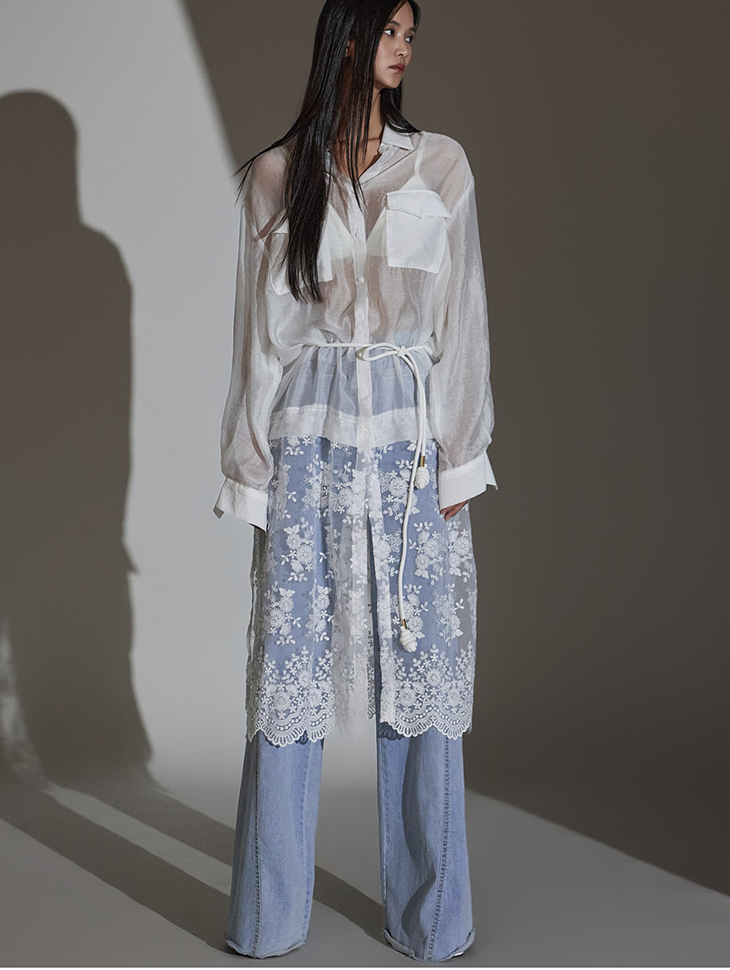 DINT韩国代购2024夏女装 薄款透视蕾丝拼接长袖衬衫裙连衣裙B2949