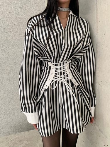 STAGE 韩国代购2024春款女装 交叉绑带束腰套头长袖连衣裙衬衫裙