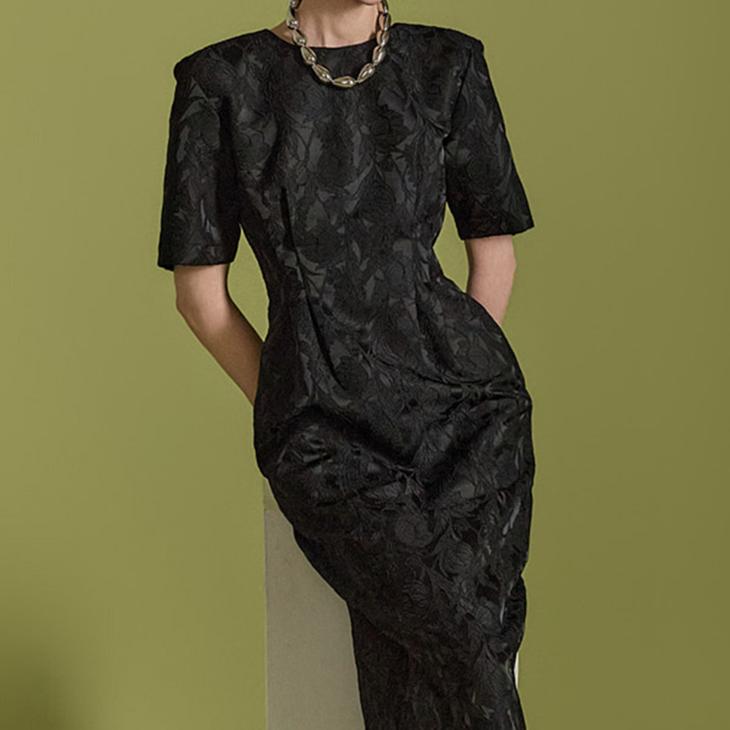 DINT韩国代购2025春款女装 名媛气质刺绣花朵高腰短袖连衣裙D5150