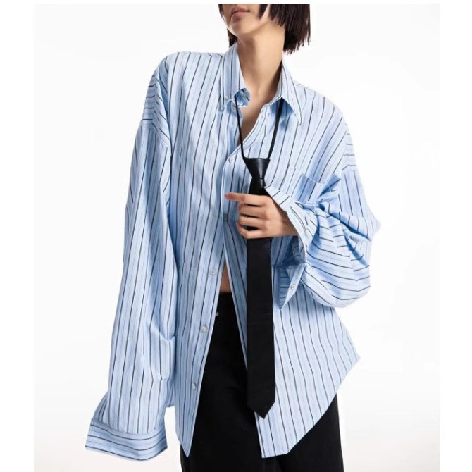 PAPERMOON韩国代购2026早秋新款 条纹慵懒大码休闲长袖衬衫女上衣