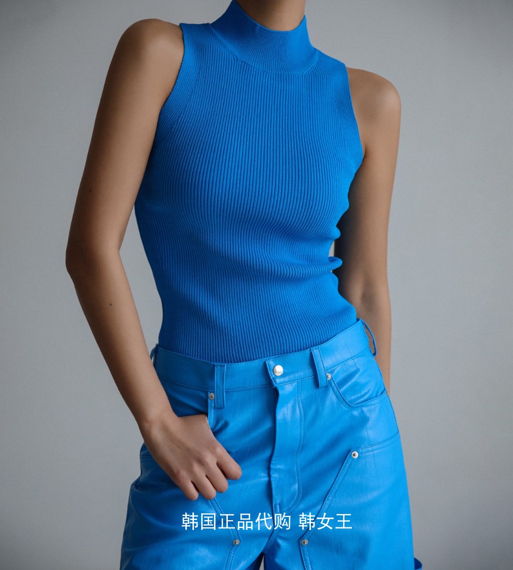 现货蓝 PAPERMOON韩国代购2025春款女装螺纹半高领无袖针织衫背心