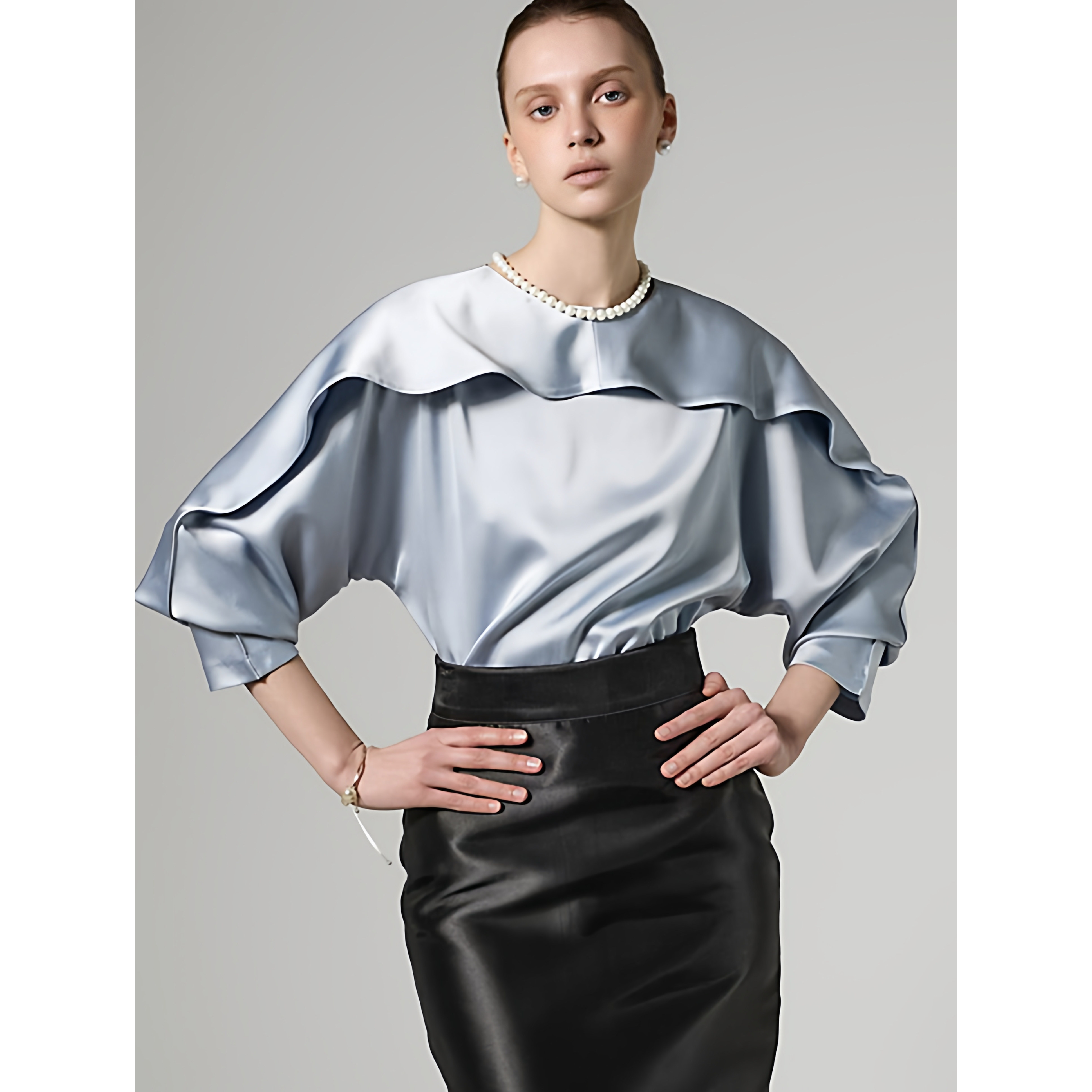 DINT韩国代购东大门2026春装 优雅气质明星款荷叶边套头衬衫B9207