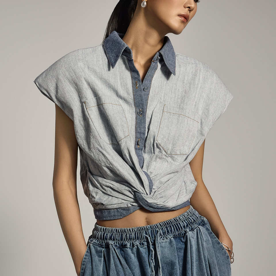 DINT韩国代购2025夏装女款时尚作旧打结短款无袖衬衫上衣韩代S631