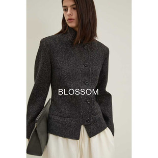 BLOSSOM韩国代购2025秋冬新款 时尚收腰立领长袖粗花呢外套夹克女