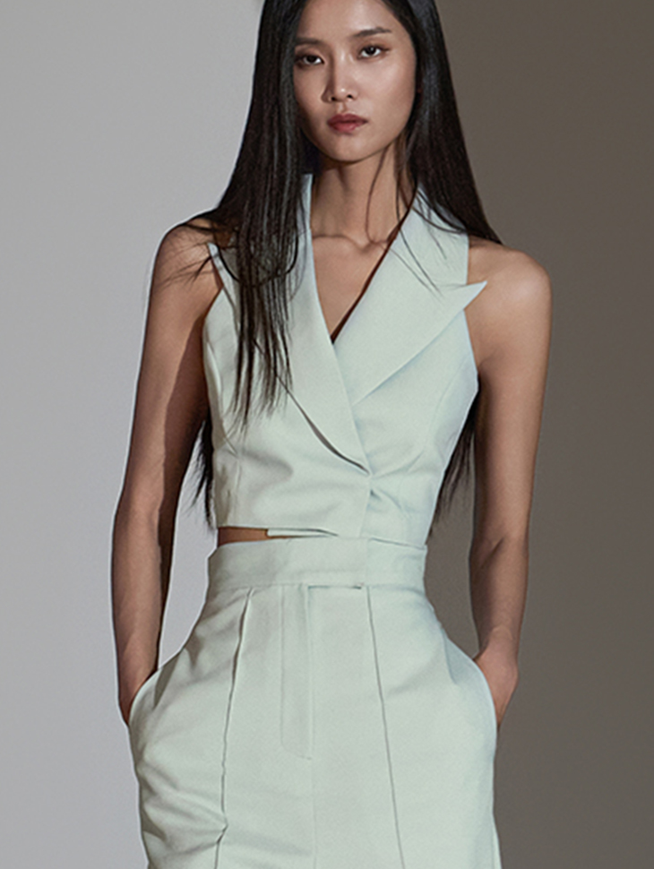 DINT韩国代购2024春女装时尚短款西服马甲+高腰西服长裤套装J9287