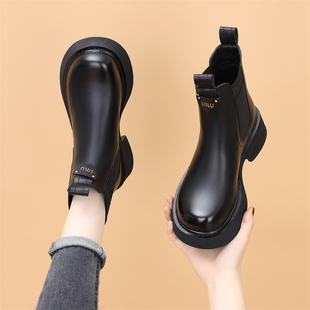 冬季 真皮厚底马丁靴女英伦风2024新款 加绒烟筒靴瘦瘦靴切尔西靴女